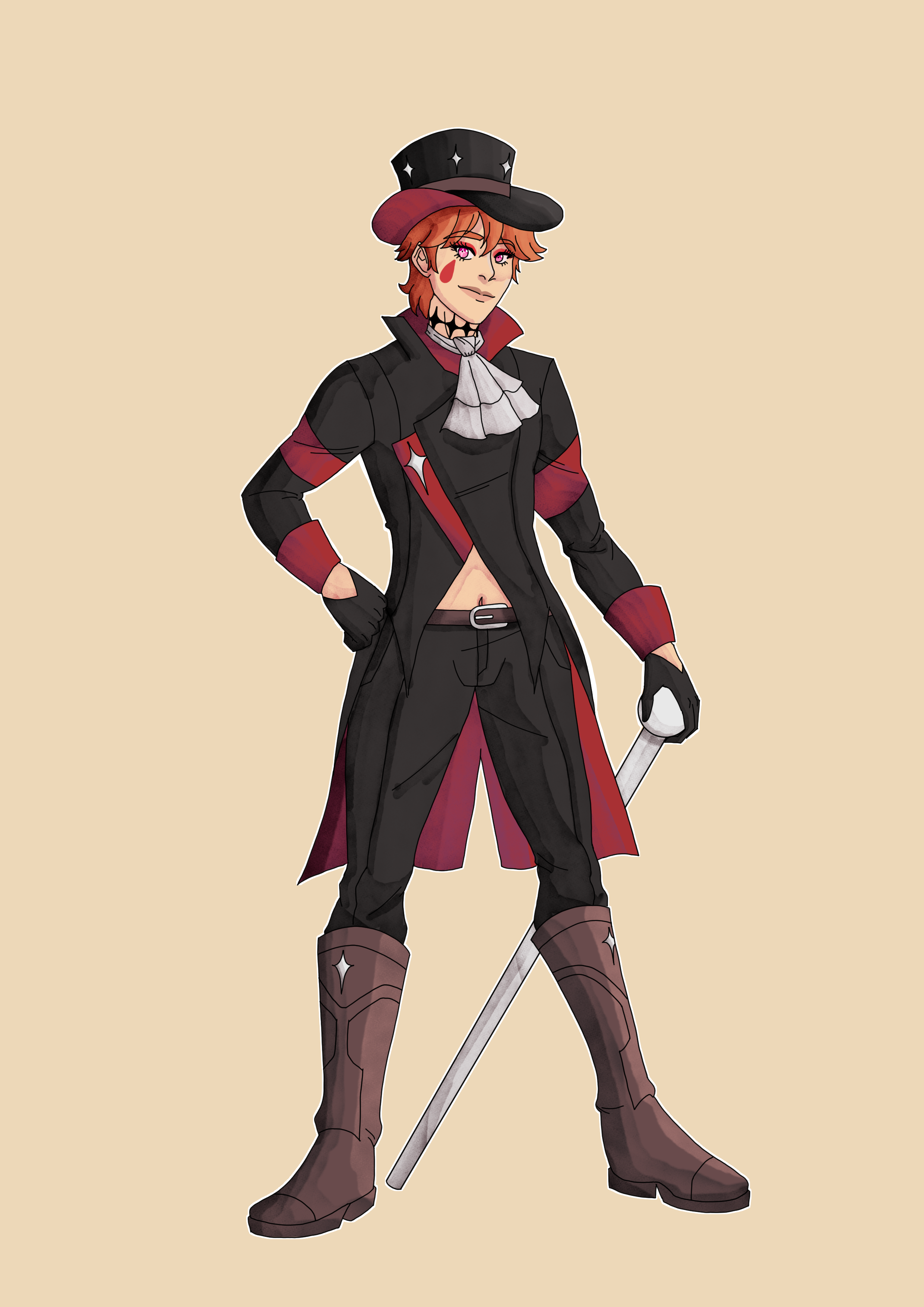 Humano jovem, ruivo, pele clara e olhos rosas. Ele usa roupas de viagem pretas e vermelhas.