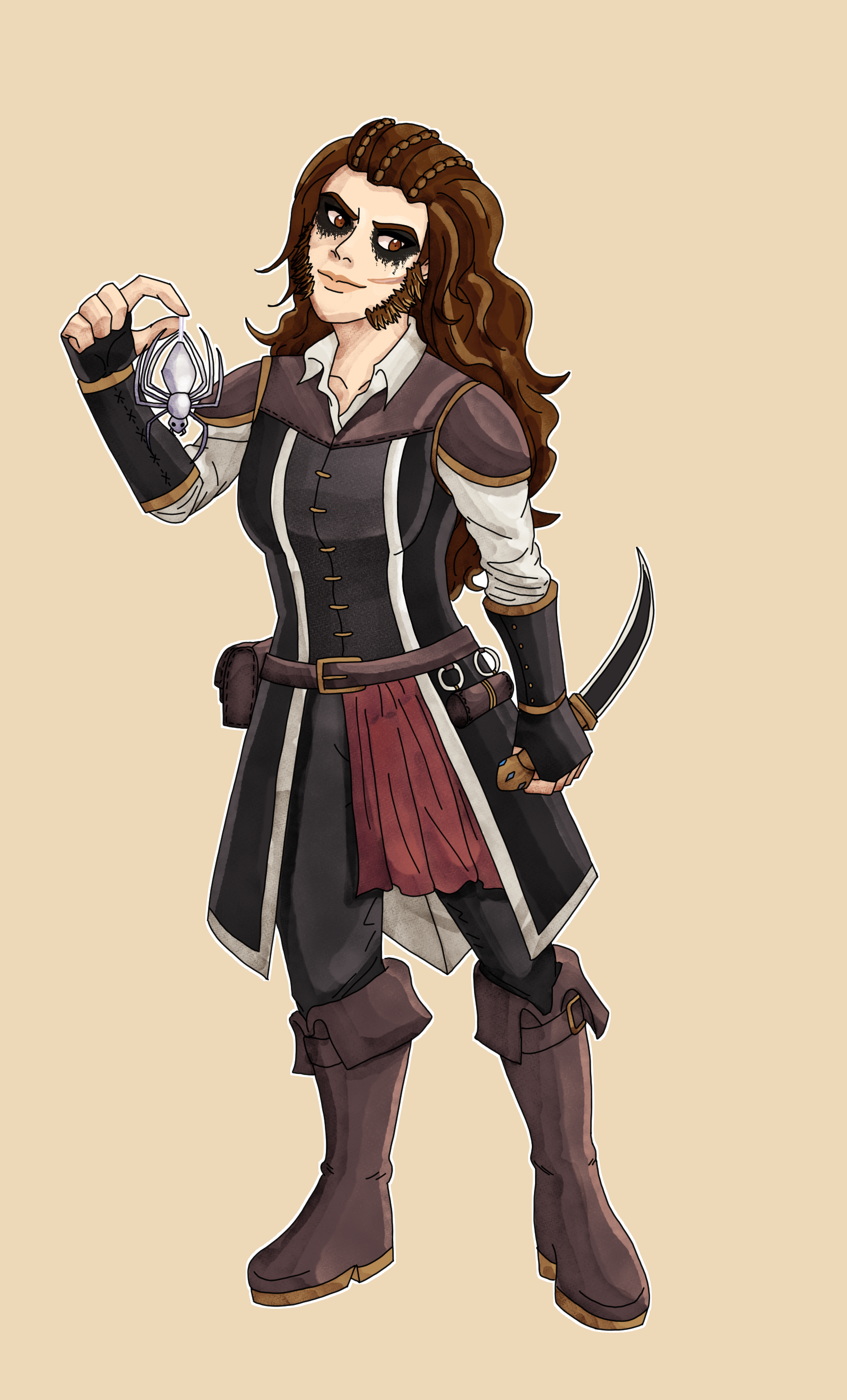 Anã de pele clara e cabelos castanhos. Ela usa armadura de couro e carrega uma espada.